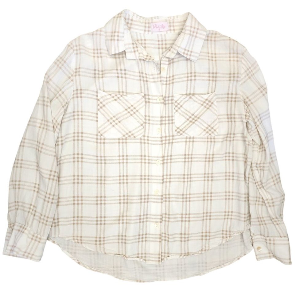 Pink Lily Cream and Brown Plaid Button Down Shirt